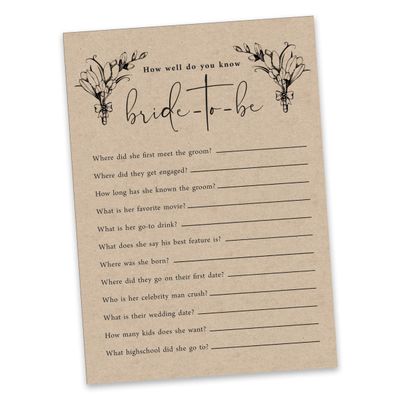 Pacote com 50 Cartões Rústicos de Papel Kraft Quadrados em Branco para Jogos, Chá de Noiva, Despedida de Solteira e Casamento - Inkdotpot 12,7 Cm × 17,78 Cm / Bege - Quiz da Noiva