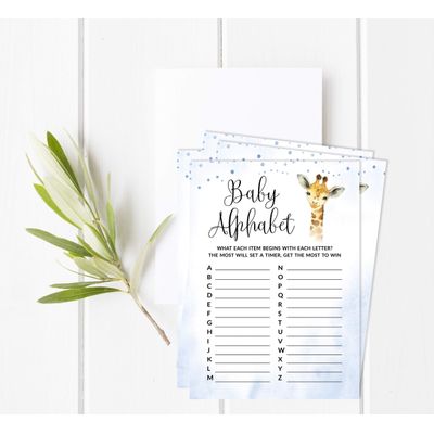 Conjunto com 50 Jogos para Chá de Bebê, Jogo Alfabeto ABC com Girafa e Animais da Selva, Suprimentos para Festa - Inkdotpot 12,7 Cm × 17,78 Cm / Azul - Quem Disse Isso (Papai)