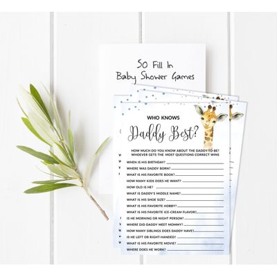 Conjunto com 50 Jogos para Chá de Bebê, Jogo Alfabeto ABC com Girafa e Animais da Selva, Suprimentos para Festa - Inkdotpot 12,7 Cm × 17,78 Cm / Azul - Quem Disse Isso (Papai)