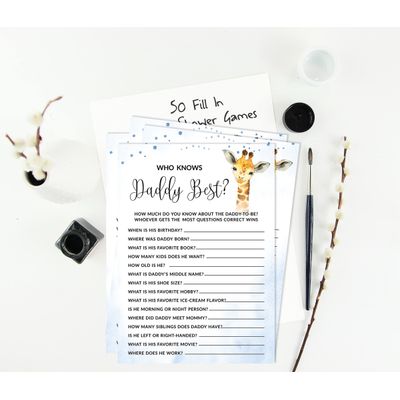 Conjunto com 50 Jogos para Chá de Bebê, Jogo Alfabeto ABC com Girafa e Animais da Selva, Suprimentos para Festa - Inkdotpot 12,7 Cm × 17,78 Cm / Azul - Quem Disse Isso (Papai)