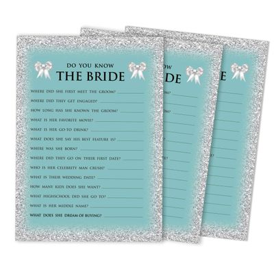 50 Cartões de Jogo Nupciais com Glitter para Chá de Noiva e Despedida de Solteira Atacado, Quadrados em Branco para Preencher - Inkdotpot 12,7 Cm × 17,78 Cm / Azul - Quiz da Noiva
