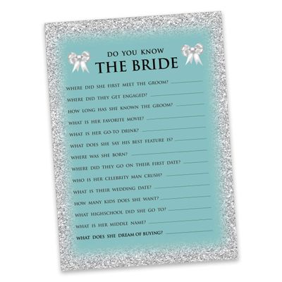 50 Cartões de Jogo Nupciais com Glitter para Chá de Noiva e Despedida de Solteira Atacado, Quadrados em Branco para Preencher - Inkdotpot 12,7 Cm × 17,78 Cm / Azul - Quiz da Noiva