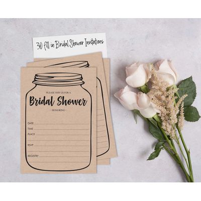 30 Convites em Branco Estilo Pote Mason Kraft Rústico para Chá de Noiva - Inkdotpot 8,89 Cm × 5,08 Cm / Bege - Quantos Beijos?