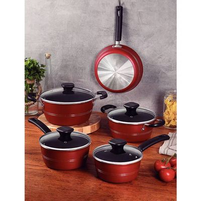 Conjunto de Panelas Sicilia Vermelho 5 Peças + Faqueiro 12 Peças Leme Cinza Tramontina Vermelho