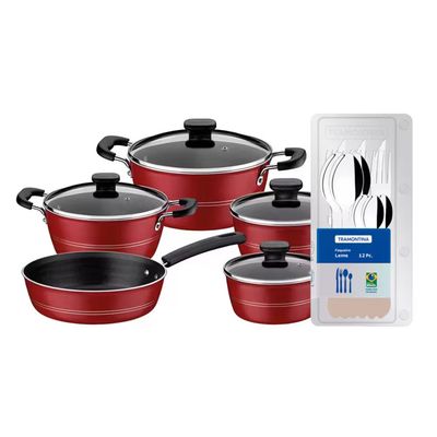 Conjunto de Panelas Sicilia Vermelho 5 Peças + Faqueiro 12 Peças Leme Cinza Tramontina Vermelho