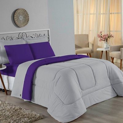 Kit Edredom Dupla Face + Jogo De Lençol Casal Viúva Nobre 6 Peças Malha 100% Algodão - Cinza / Roxo