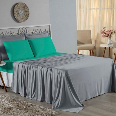 Jogo De Cama Queen Nobre 4 Peças Lençol Com Elástico De 30cm De Altura Malha 100% Algodão - Cinza / Jade