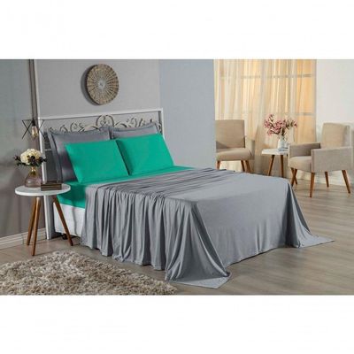 Jogo De Cama Queen Nobre 4 Peças Lençol Com Elástico De 30cm De Altura Malha 100% Algodão - Cinza / Jade