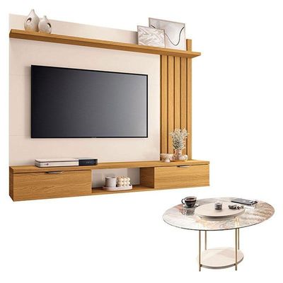 Painel Suspenso Lets Cinamomo Off White Com Mesa De Centro Sky Com Tampo De Vidro Off White - Hb Móveis