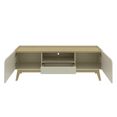 Rack Bancada Tv Até 75 Polegadas 2 Portas Arredondadas 1 Gaveta 180 Cm Nicho E Pés De Madeira