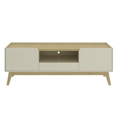 Rack Bancada Tv Até 75 Polegadas 2 Portas Arredondadas 1 Gaveta 180 Cm Nicho E Pés De Madeira