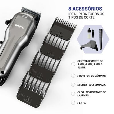 Máquina de Cortar Cabelo Philco 8 Acessórios 10W PCR07 Bivolt
