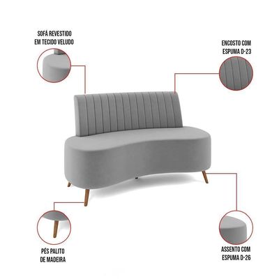 Sofá 2 Lugares Living 135cm Pé Palito Maraú Veludo Cinza K01 - D'rossi