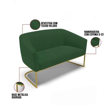 Sofá Namoradeira E 2 Poltronas Base Industrial Dourado Stella Veludo D03 - D'rossi Cor Verde