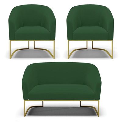 Sofá Namoradeira E 2 Poltronas Base Industrial Dourado Stella Veludo D03 - D'rossi Cor Verde