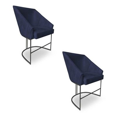 Kit 2 Poltronas Luxo Alana Veludo Azul Marinho Base Ferro Preto - Pallazio