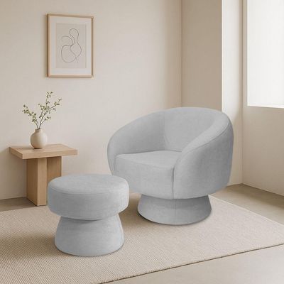 Poltrona Decorativa Giratória Com Puff Liz Bouclé Cinza Claro - Nexta Casa