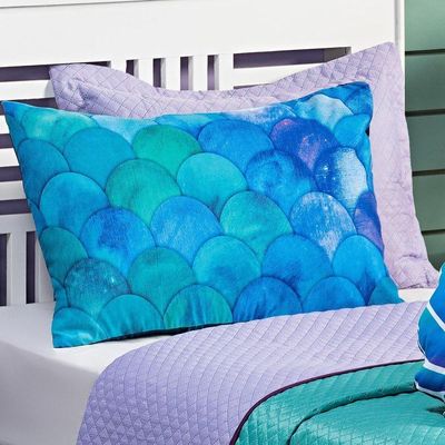 Kit Cobre Leito Colcha Solteiro Mermaid Tiffany/lilás Dupla Face Com Almofadas Estampadas 05 Peças