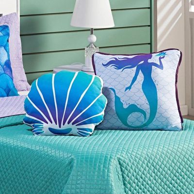 Kit Cobre Leito Colcha Solteiro Mermaid Tiffany/lilás Dupla Face Com Almofadas Estampadas 05 Peças