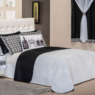 Kit Cobre Leito Colcha Casal Padrão Game Retrô Preto/branco Dupla Face Com Almofada Estampada 06 Peças