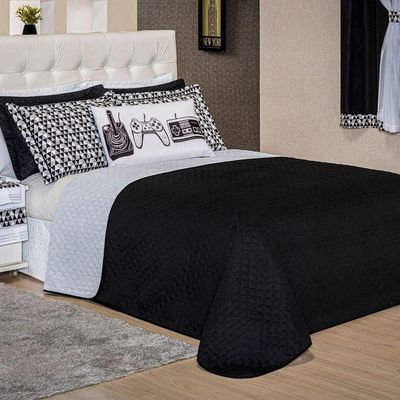 Kit Cobre Leito Colcha Casal Padrão Game Retrô Preto/branco Dupla Face Com Almofada Estampada 06 Peças