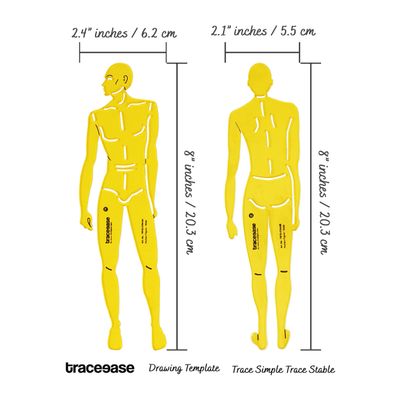Stencil Masculino de Figura Humana, 2 Peças (Frente/Verso) para Alinhamento de Proporções, Esboços e Referência de Ilustração - Traceease 20,32 Cm / Amarelo