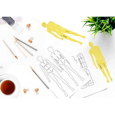 Stencil Masculino de Figura Humana, 2 Peças (Frente/Verso) para Alinhamento de Proporções, Esboços e Referência de Ilustração - Traceease 20,32 Cm / Amarelo