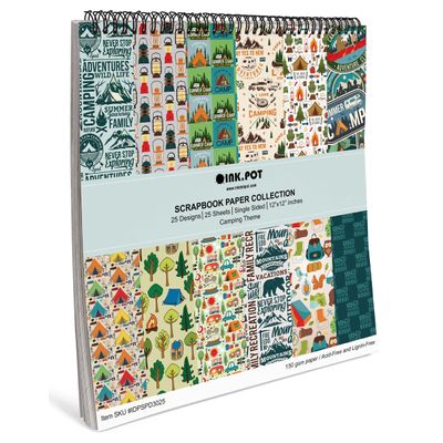 Bloco com 25 Folhas de Papel Scrapbook Textura Camping, Lado Único, Papel Cartão Colorido para Scrapbooking e Cartões - Inkdotpot 30,48 Cm × 30,48 Cm / Multicolorido