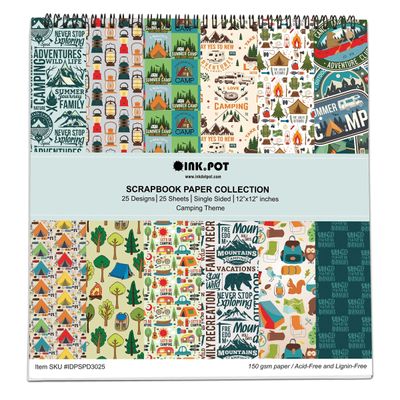 Bloco com 25 Folhas de Papel Scrapbook Textura Camping, Lado Único, Papel Cartão Colorido para Scrapbooking e Cartões - Inkdotpot 30,48 Cm × 30,48 Cm / Multicolorido