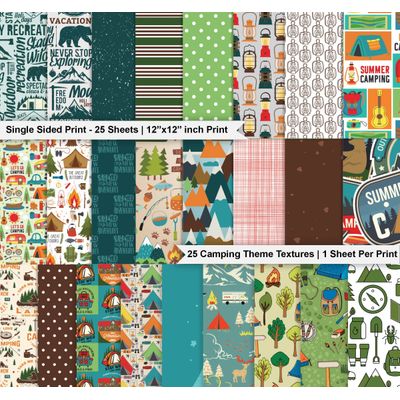 Bloco com 25 Folhas de Papel Scrapbook Textura Camping, Lado Único, Papel Cartão Colorido para Scrapbooking e Cartões - Inkdotpot 30,48 Cm × 30,48 Cm / Multicolorido