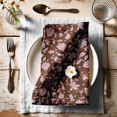 Guardanapos de Lona de Algodão Designer Kit com 12 51cm Estampa Floral Marrom Duráveis/Absorventes Jantar, Festas e Decoração - Vargottam 50,8 Cm × 50,8 Cm – Pacote Com 12 Peças / Marrom