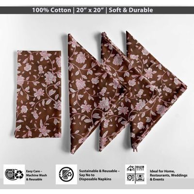 Guardanapos de Lona de Algodão Designer Kit com 12 51cm Estampa Floral Marrom Duráveis/Absorventes Jantar, Festas e Decoração - Vargottam 50,8 Cm × 50,8 Cm – Pacote Com 12 Peças / Marrom