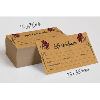 Cartões/Cupons Vazios Kraft Rústico Floral 45 Un 21,6×8,9 cm para Feriado/Aniversário/Negócios/Restaurante/Spa/Salão/Casamento - Inkdotpot 21,59 Cm × 8,89 Cm / Marrom