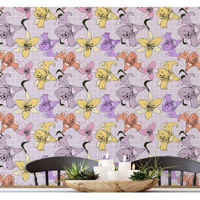 Papel de Parede Autoadesivo com Estampa Botânica de Lírios, Vinil Impermeável Removível para Quarto e Sala de Jantar - S4sassy 63,5 cm (L) × 304,8 cm (C) / Roxo - Vinil Texturizado