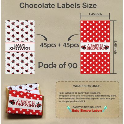 Pacote com 90 Envoltórios e Adesivos para Mini Barras de Chocolate, Decoração para Chá de Bebê de Menina (Sem Doces) (Joaninha) - Inkdotpot 3,68 Cm × 6,73 Cm / Branco