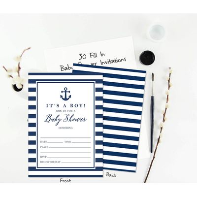 30 Cartões Náuticos para Chá de Bebê Preenchíveis Unissex - Inkdotpot 12,7 Cm × 17,78 Cm / Azul - Conjunto
