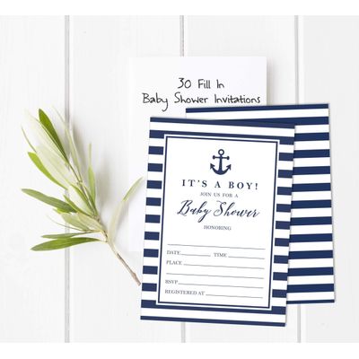 30 Cartões Náuticos para Chá de Bebê Preenchíveis Unissex - Inkdotpot 12,7 Cm × 17,78 Cm / Azul - Conjunto