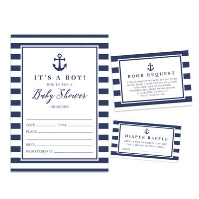 30 Cartões Náuticos para Chá de Bebê Preenchíveis Unissex - Inkdotpot 12,7 Cm × 17,78 Cm / Azul - Conjunto