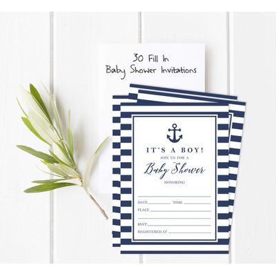 30 Cartões Náuticos para Chá de Bebê Preenchíveis Unissex - Inkdotpot 12,7 Cm × 17,78 Cm / Azul - Conjunto
