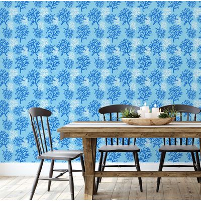 Papel de Parede Vinílico Autoadesivo Removível Recife de Coral Azul, Mural Instantâneo para Banheiro, Lavanderia e Closet - S4Sassy 63,5 cm (L) × 914,4 cm (C) / Azul - Vinil Texturizado