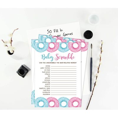 Conjunto Donuts para Chá de Bebê com 50 Cartões Alfabeto ABC Ele ou Ela - Inkdotpot 12,7 Cm × 17,78 Cm / Branco - Jogo de Palavras do Bebê