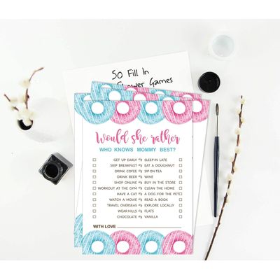 Conjunto Donuts para Chá de Bebê com 50 Cartões Alfabeto ABC Ele ou Ela - Inkdotpot 12,7 Cm × 17,78 Cm / Branco - Quiz da Mamãe