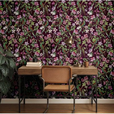 Papel de Parede Adesivo Vinil, Pássaro Exótico Chique Impermeável Vermelho, Removível para Quarto e Armário - S4Sassy 63,5 cm (L) × 304,8 cm (C) / Vermelho - Vinil Liso