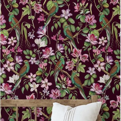 Papel de Parede Adesivo Vinil, Pássaro Exótico Chique Impermeável Vermelho, Removível para Quarto e Armário - S4Sassy 63,5 cm (L) × 304,8 cm (C) / Vermelho - Vinil Liso