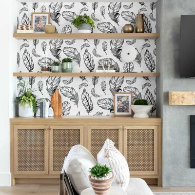 Papel de Parede Adesivo Vinil com Estampa de Penas, Cinza Boho, para Quarto e Sala, Fácil Aplicação - S4Sassy 63,5 cm (L) × 304,8 cm (C) / Cinza - Vinil Liso