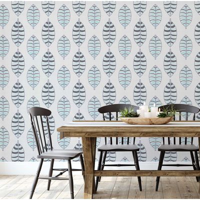 Papel de Parede Adesivo Vinílico, Listrado com Folhas, Impermeável, Removível - Azul, para Quartos e Salas - S4Sassy 63,5 cm (L) × 304,8 cm (C) / Azul - Vinil Liso