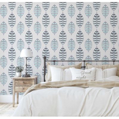 Papel de Parede Adesivo Vinílico, Listrado com Folhas, Impermeável, Removível - Azul, para Quartos e Salas - S4Sassy 63,5 cm (L) × 304,8 cm (C) / Azul - Vinil Liso
