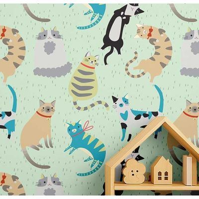 Papel de Parede Adesivo Removível Impermeável Estampa de Gatos para Quarto Infantil - Verde - S4Sassy 63,5 cm (L) × 304,8 cm (C) / Verde - Vinil Liso