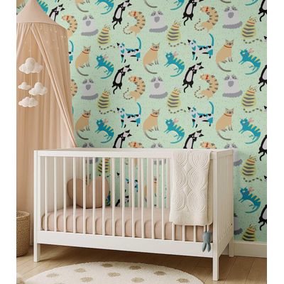 Papel de Parede Adesivo Removível Impermeável Estampa de Gatos para Quarto Infantil - Verde - S4Sassy 63,5 cm (L) × 304,8 cm (C) / Verde - Vinil Liso