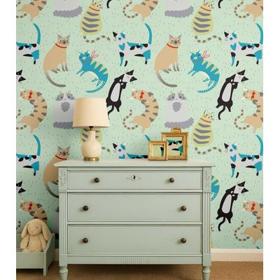 Papel de Parede Adesivo Removível Impermeável Estampa de Gatos para Quarto Infantil - Verde - S4Sassy 63,5 cm (L) × 304,8 cm (C) / Verde - Vinil Liso